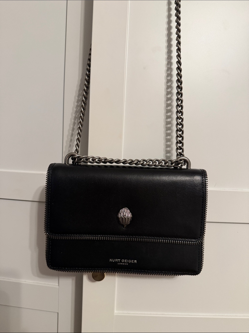 Kurt Geiger Black Leather Shoulder Bag with Silver Chain
